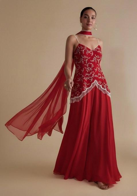 Red Crepe Fusion Set With Embroidered Blouse