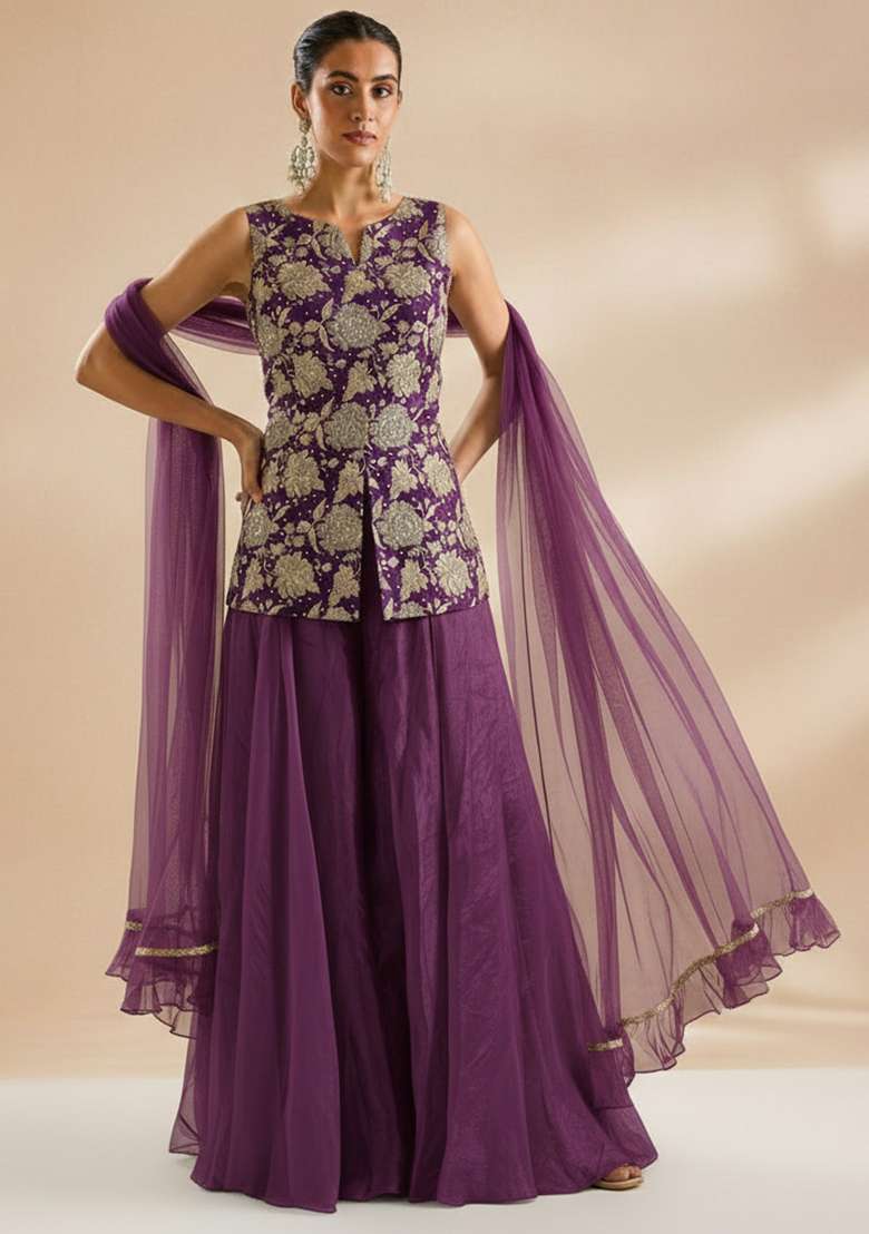 Wine Purple Floral Print Crepe Fusion Set - Indya