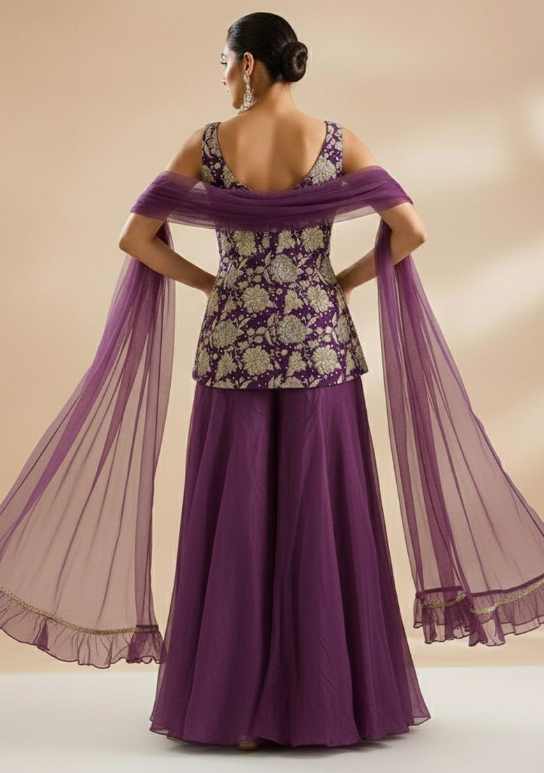 Wine Purple Floral Print Crepe Fusion Set - Indya