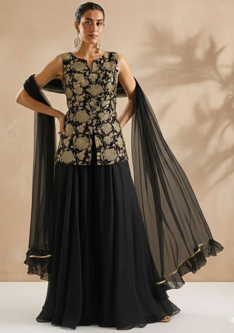 Black Floral Print Crepe Fusion Set - Indya