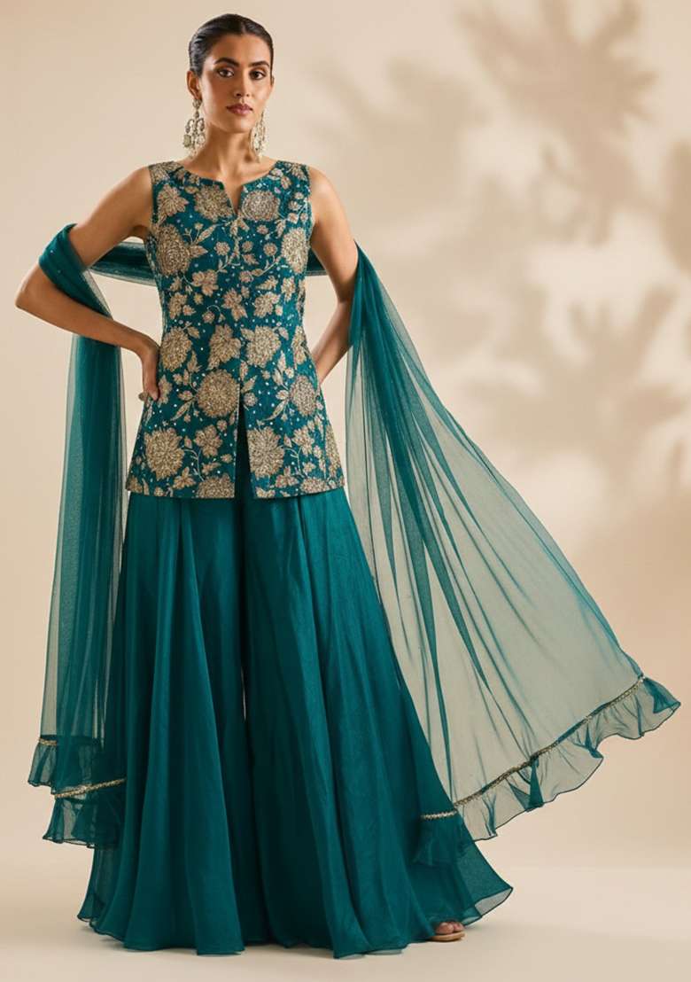Teal Green Floral Print Crepe Fusion Set - Indya