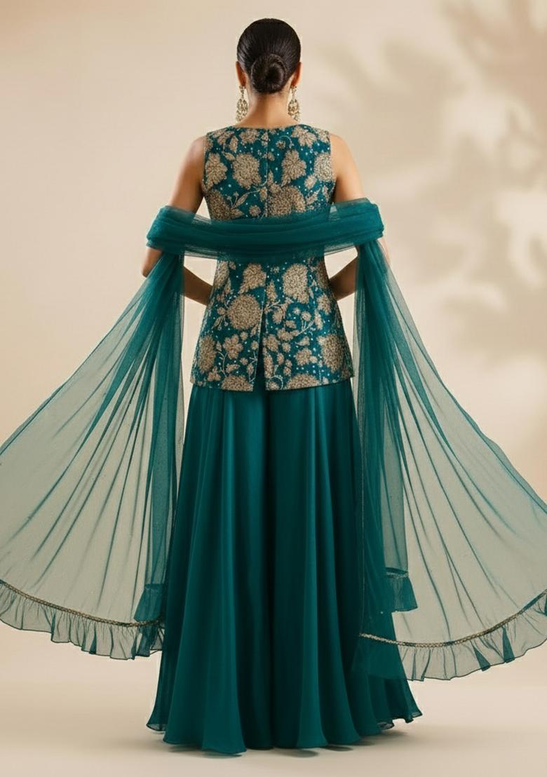 Teal Green Floral Print Crepe Fusion Set - Indya