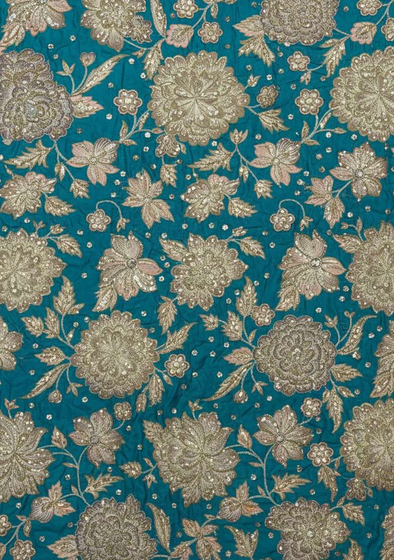 Teal Green Floral Print Crepe Fusion Set - Indya