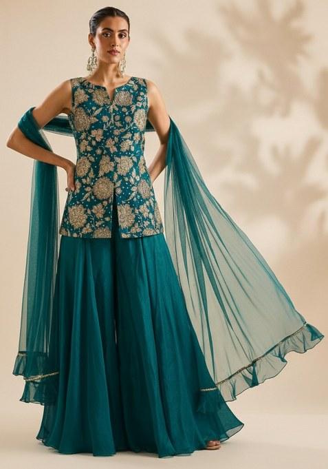 Teal Green Floral Print Crepe Fusion Set