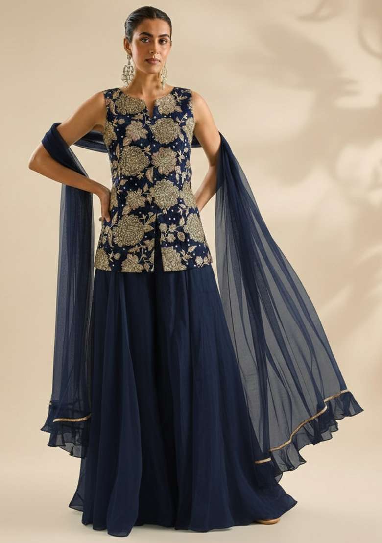 Navy Blue Floral Print Crepe Fusion Set - Indya