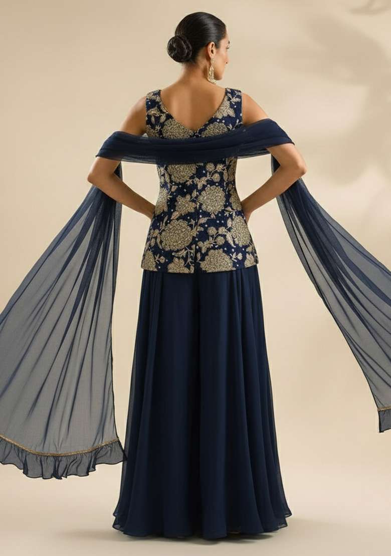 Navy Blue Floral Print Crepe Fusion Set - Indya