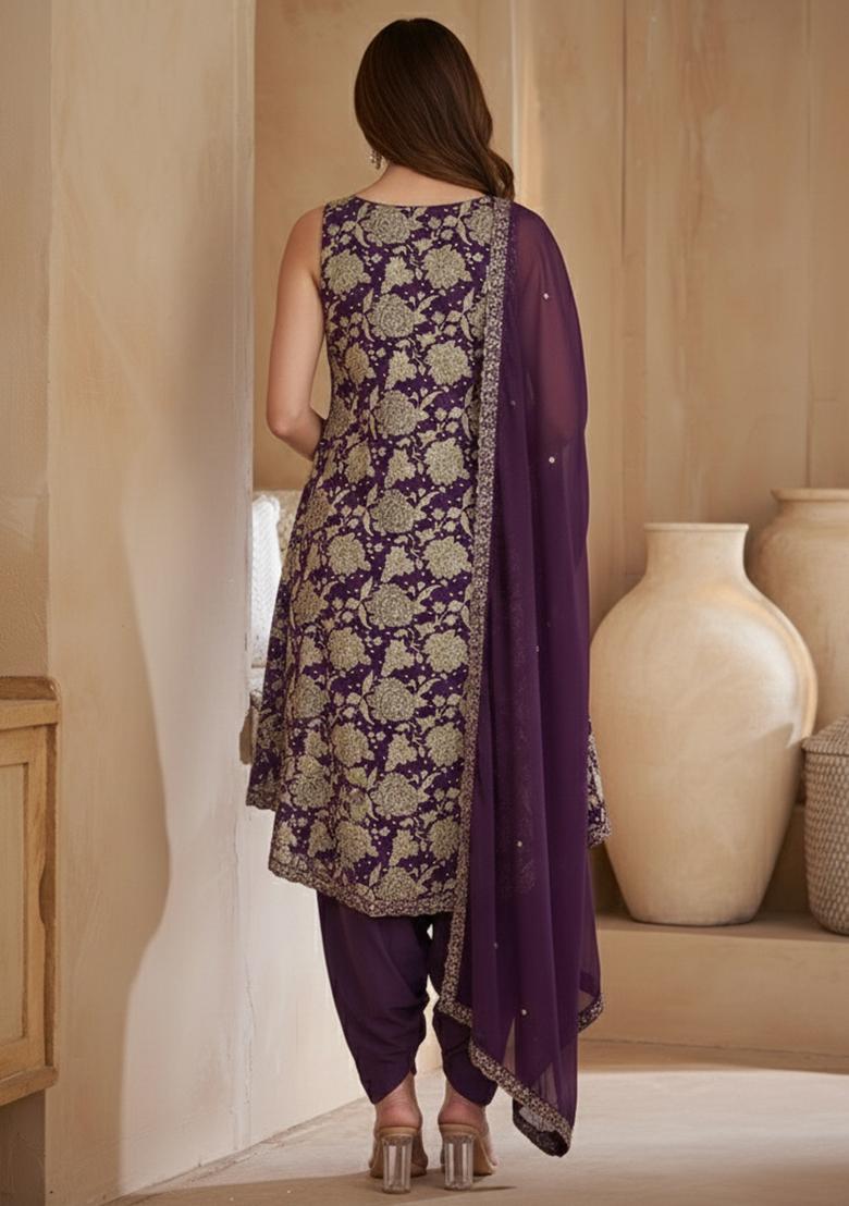 Purple Floral Print Crepe Kurta Set - Indya