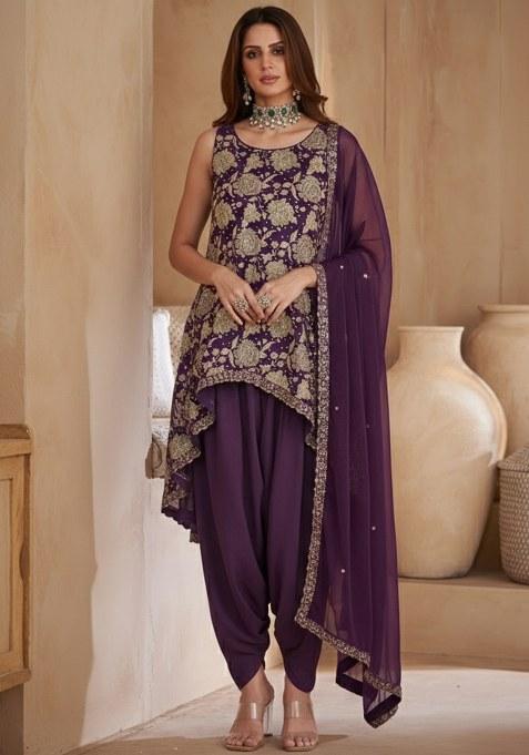 Purple Embroidered Crepe Punjabi Suit
