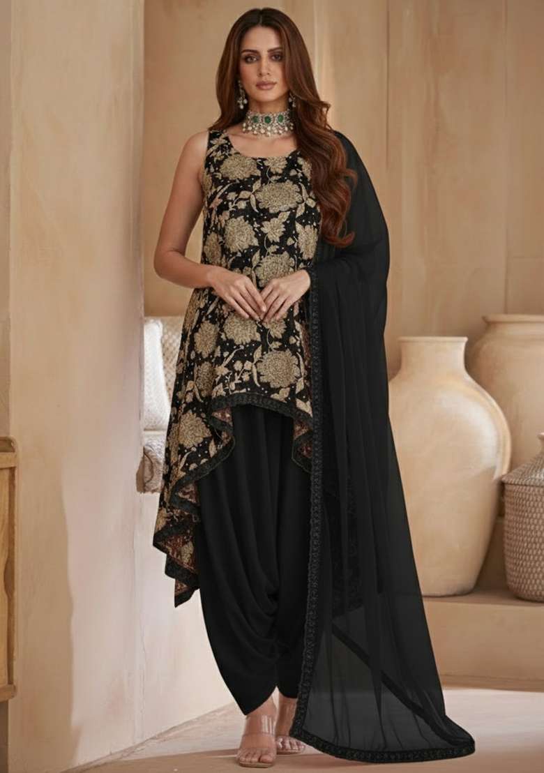 Black Floral Print Crepe Kurta Set - Indya