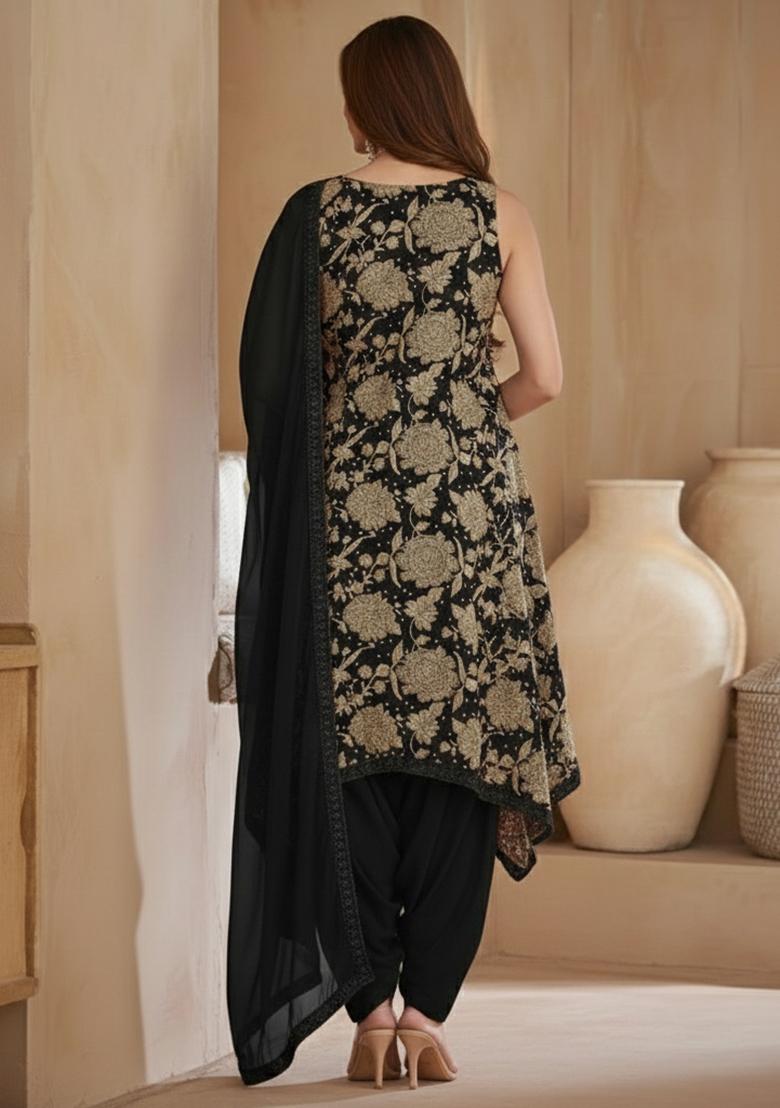 Black Floral Print Crepe Kurta Set - Indya