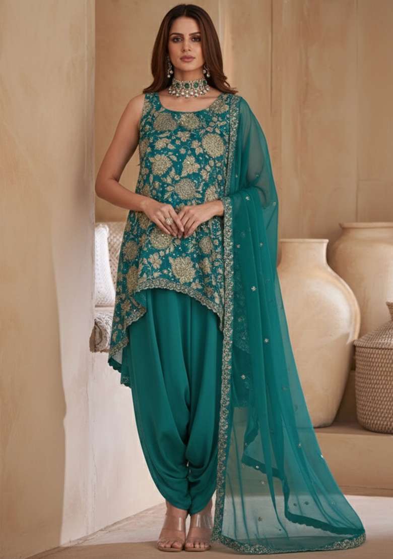 Blue Embroidered Crepe Punjabi Suit - Indya