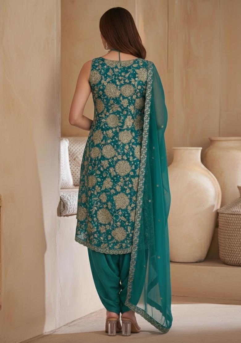 Blue Floral Print Crepe Kurta Set - Indya