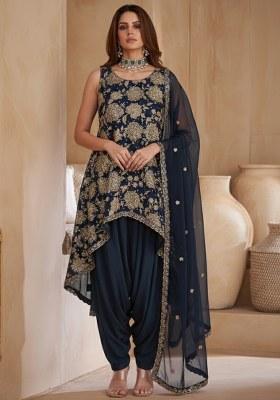Midnight Blue Floral Print Crepe Kurta Set