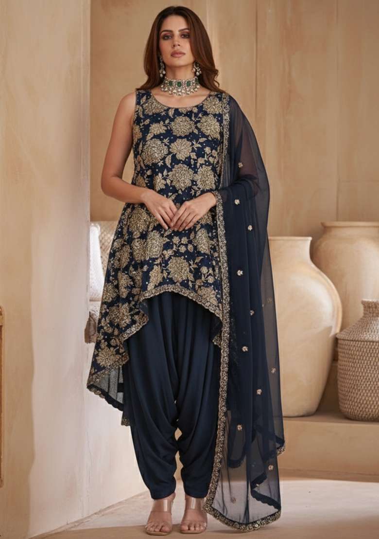 Midnight Blue Floral Print Crepe Kurta Set - Indya