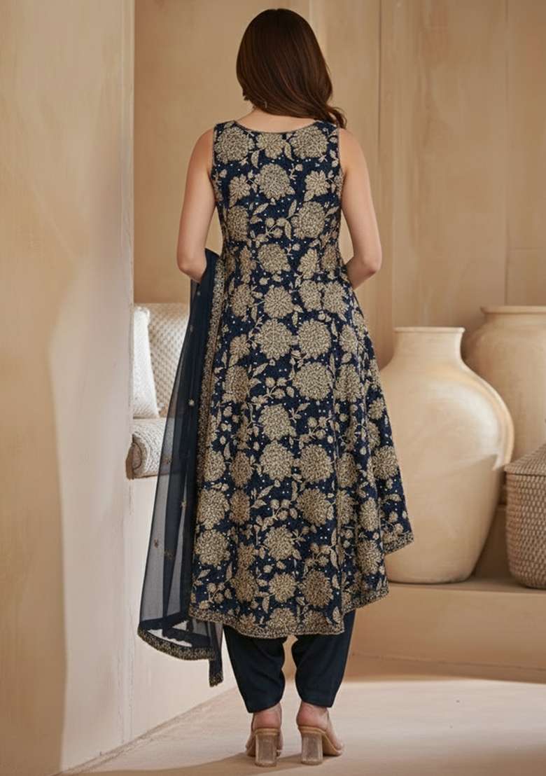 Midnight Blue Floral Print Crepe Kurta Set - Indya