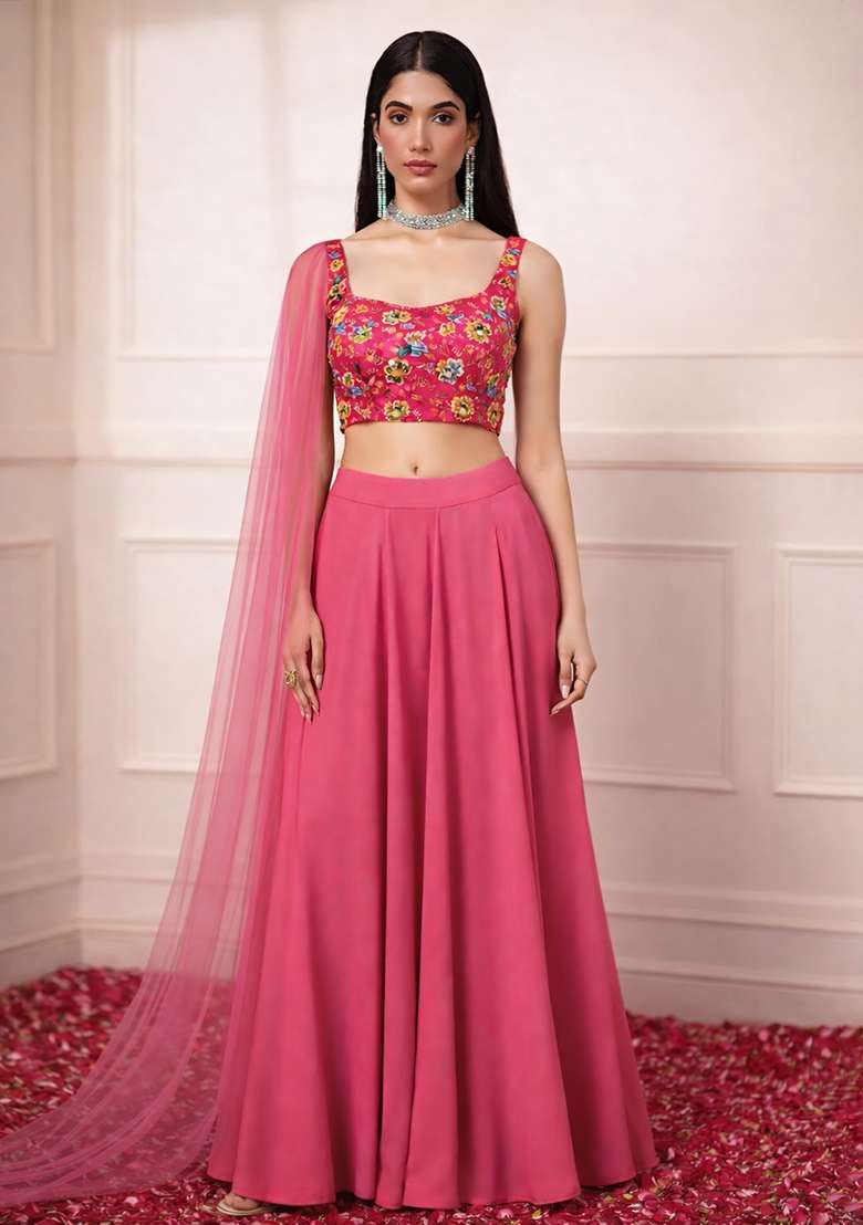 Pink Floral Print Crepe Fusion Set - Indya