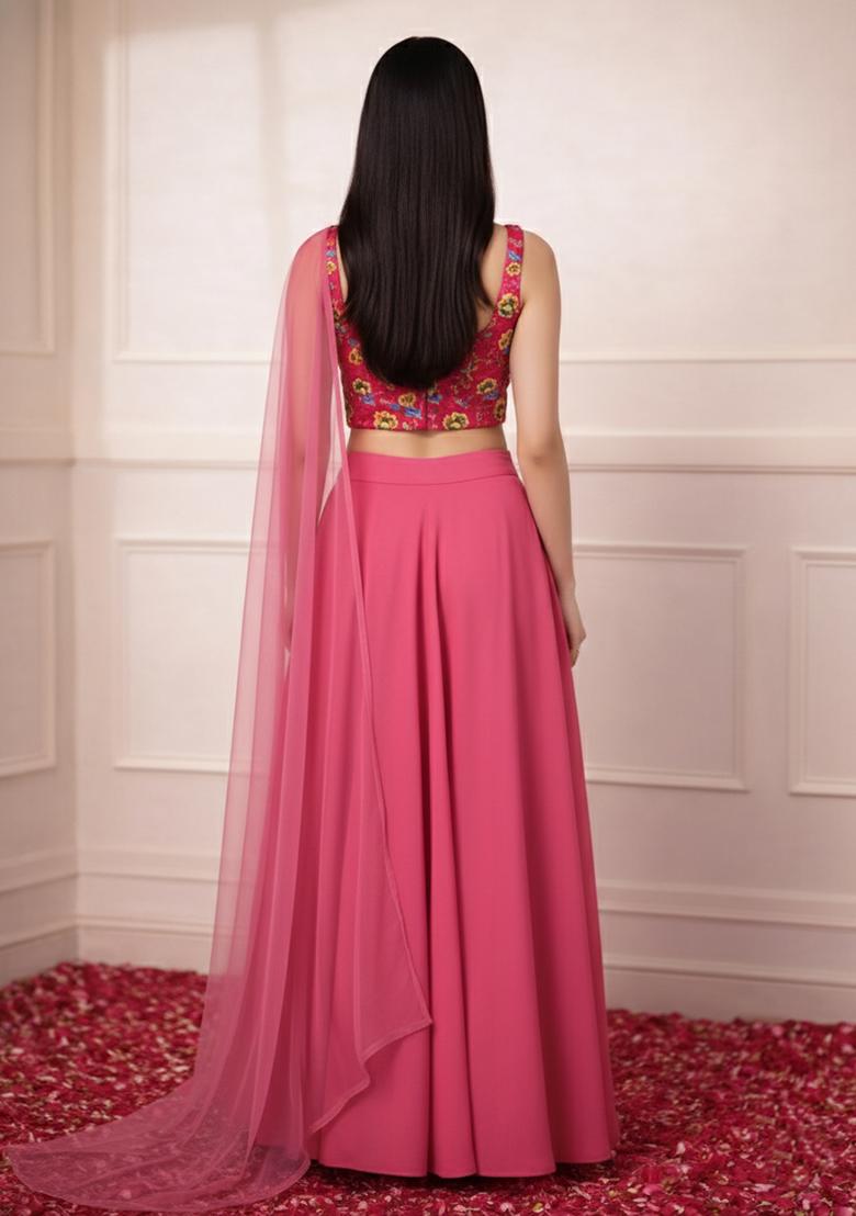 Pink Floral Print Crepe Fusion Set - Indya