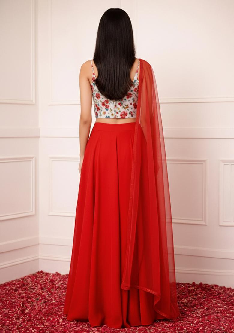 Red Floral Print Crepe Fusion Set - Indya