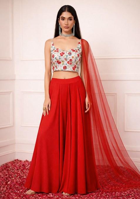 Red Floral Print Crepe Fusion Set