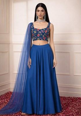 Royal Blue Floral Print Crepe Fusion Set