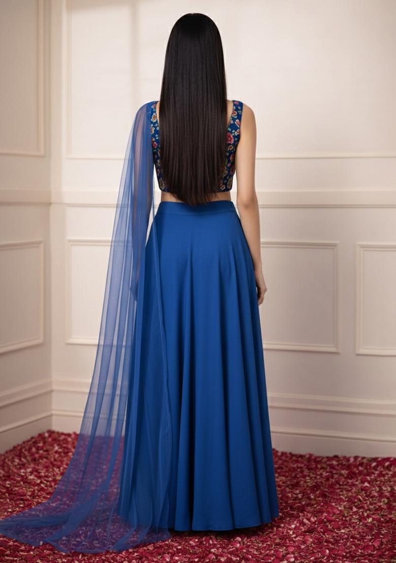 Royal Blue Floral Print Crepe Fusion Set - Indya