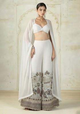 White Embroidered Crepe Fusion Set