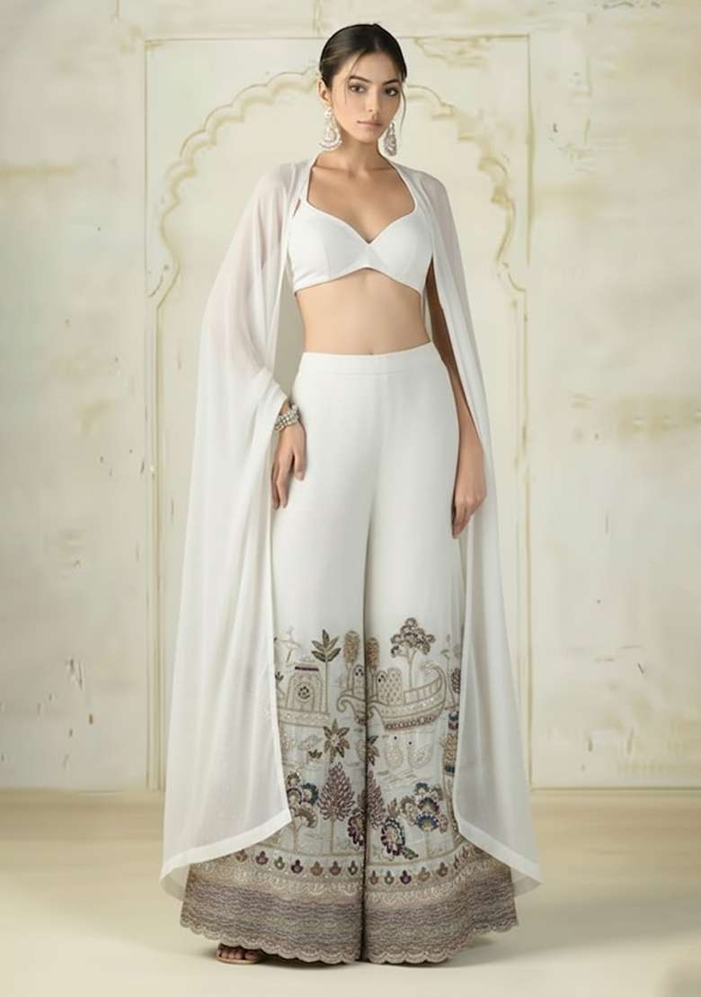White Embroidered Crepe Fusion Set - Indya