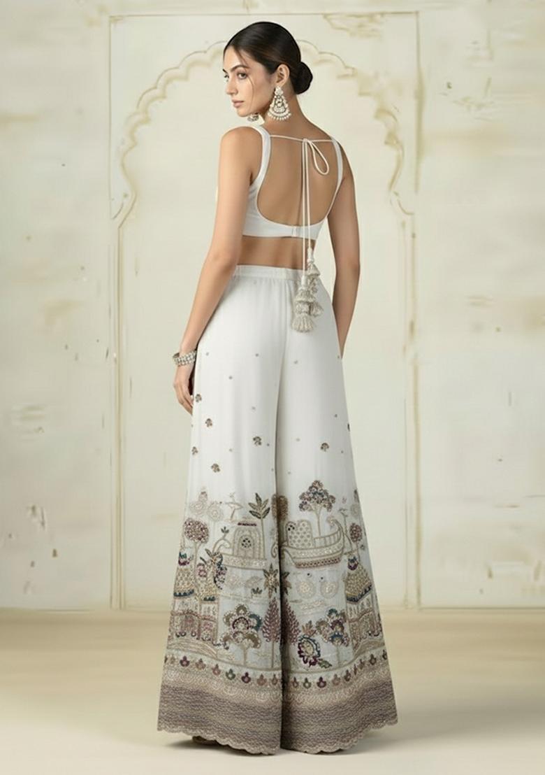 White Embroidered Crepe Fusion Set - Indya