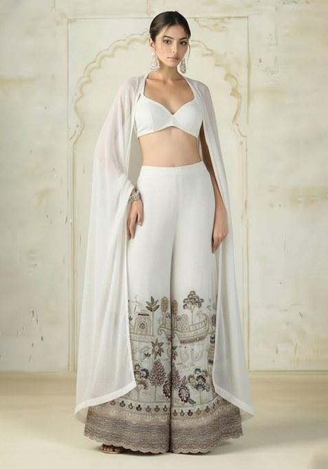 White Embroidered Crepe Fusion Set