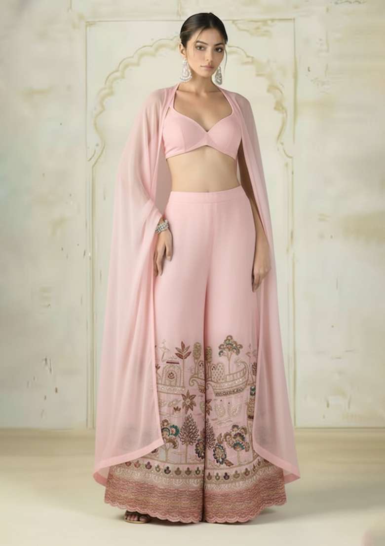 Baby Pink Embroidered Tissue Fusion Set - Indya