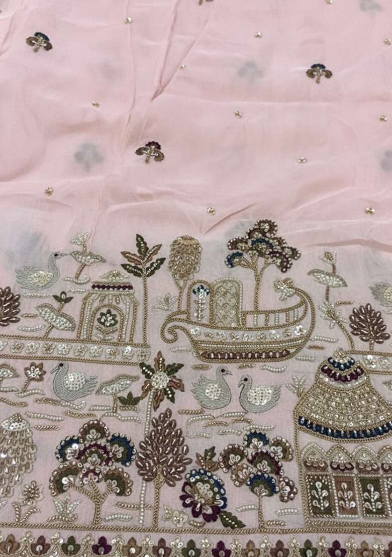 Baby Pink Embroidered Tissue Fusion Set - Indya