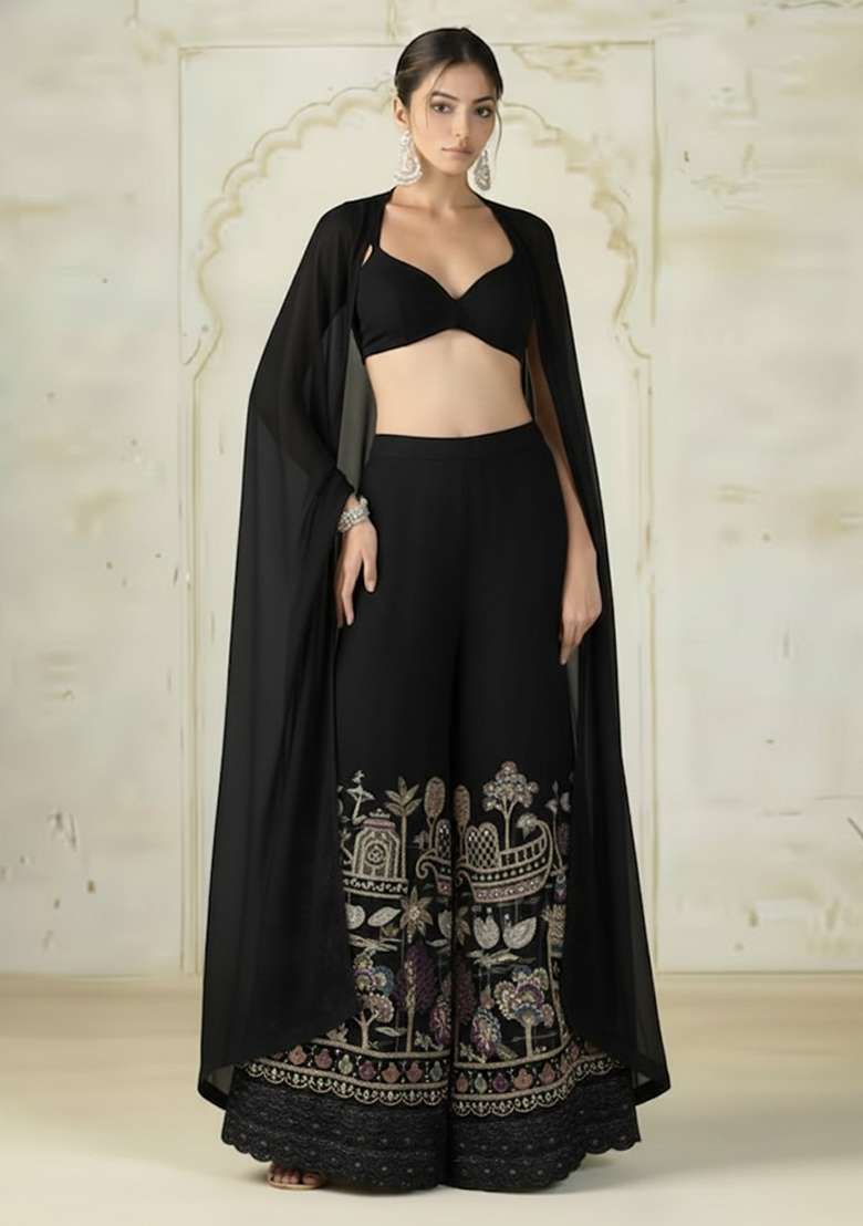 Black Embroidered Tissue Fusion Set - Indya