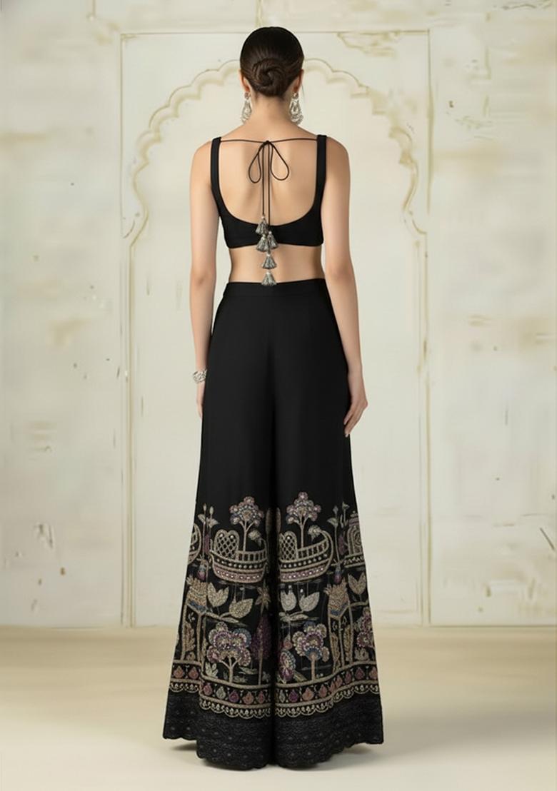 Black Embroidered Tissue Fusion Set - Indya