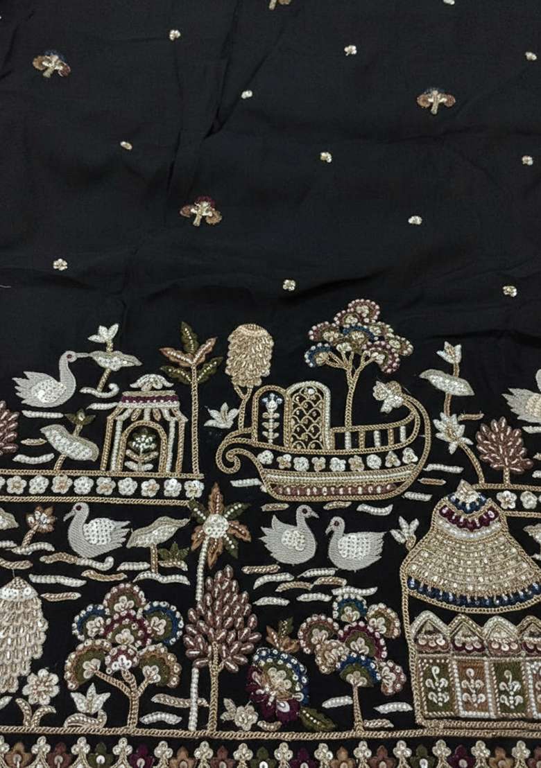 Black Embroidered Tissue Fusion Set - Indya