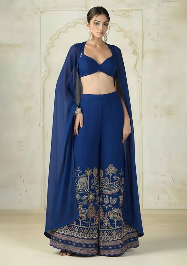 Blue Embroidered Tissue Fusion Set - Indya