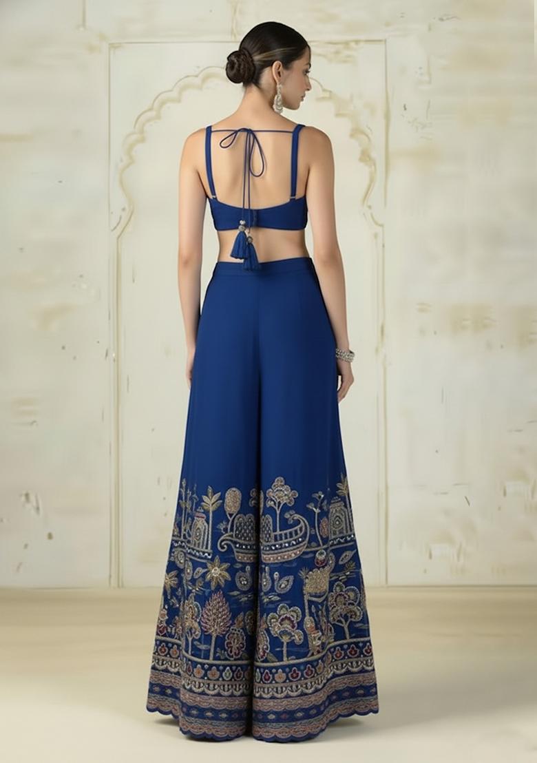 Blue Embroidered Tissue Fusion Set - Indya