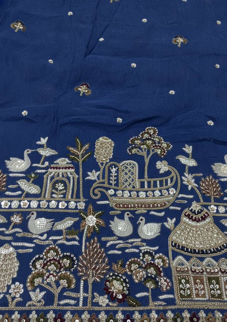 Blue Embroidered Tissue Fusion Set - Indya