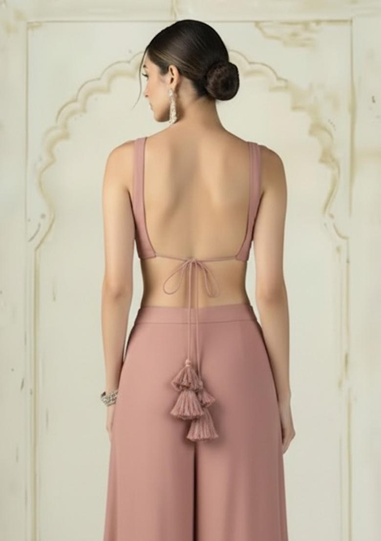 Dusty Rose Embroidered Tissue Fusion Set - Indya