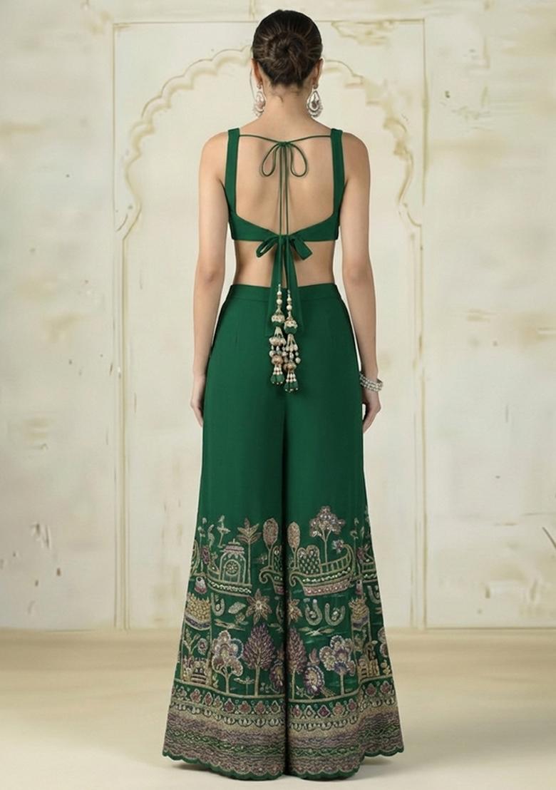 Green Embroidered Tissue Fusion Set - Indya