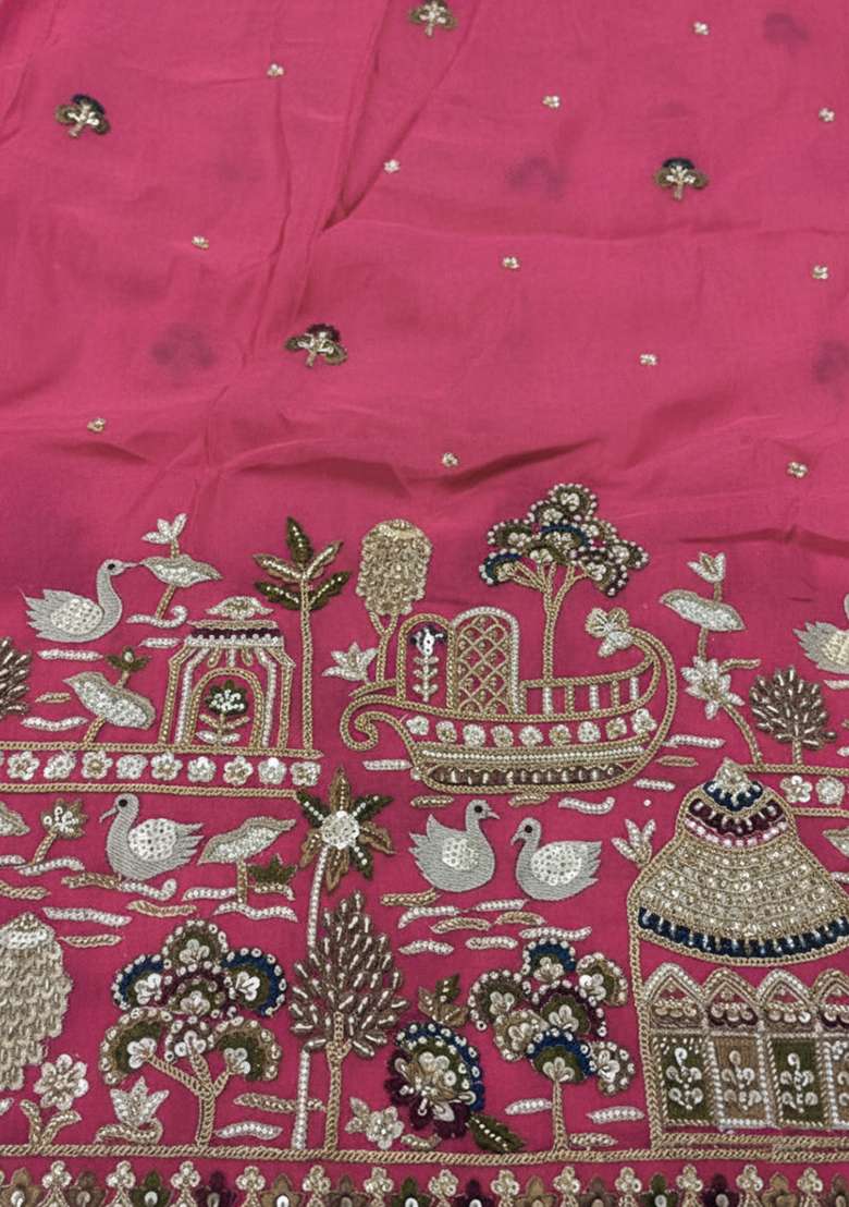Pink Embroidered Tissue Fusion Set - Indya
