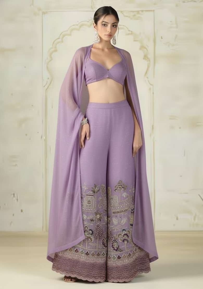 Lavender Embroidered Tissue Fusion Set - Indya