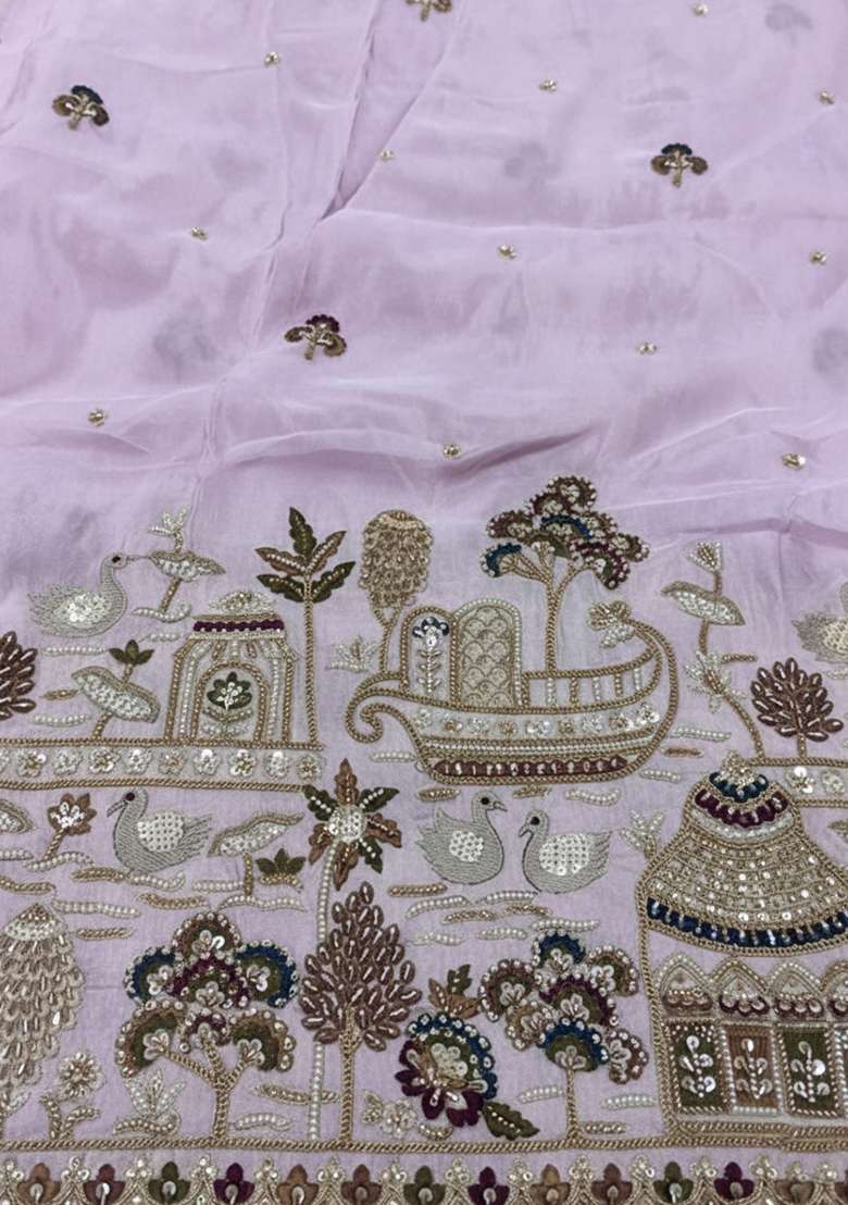 Lavender Embroidered Tissue Fusion Set - Indya