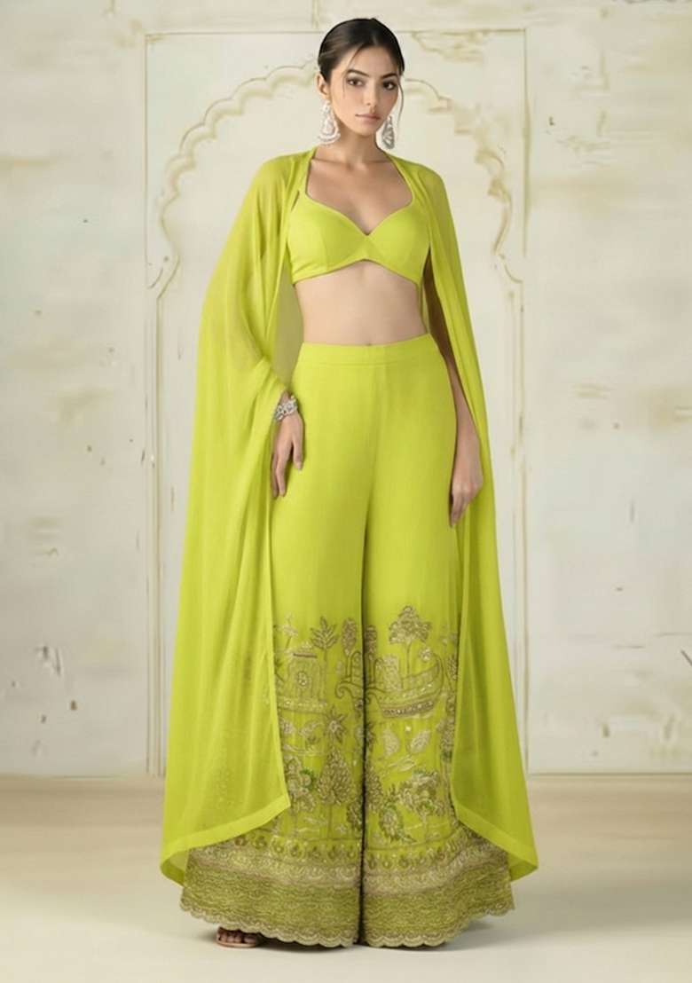 Lime Green Embroidered Tissue Fusion Set - Indya