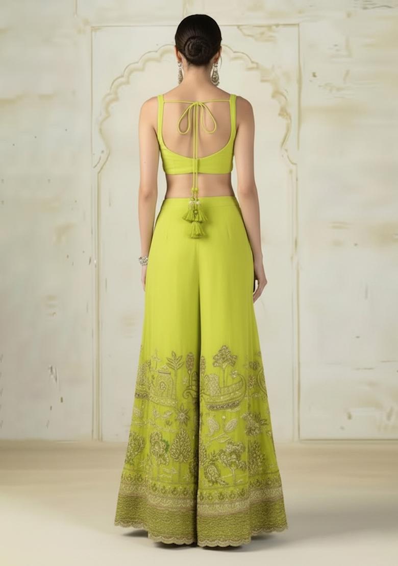 Lime Green Embroidered Tissue Fusion Set - Indya