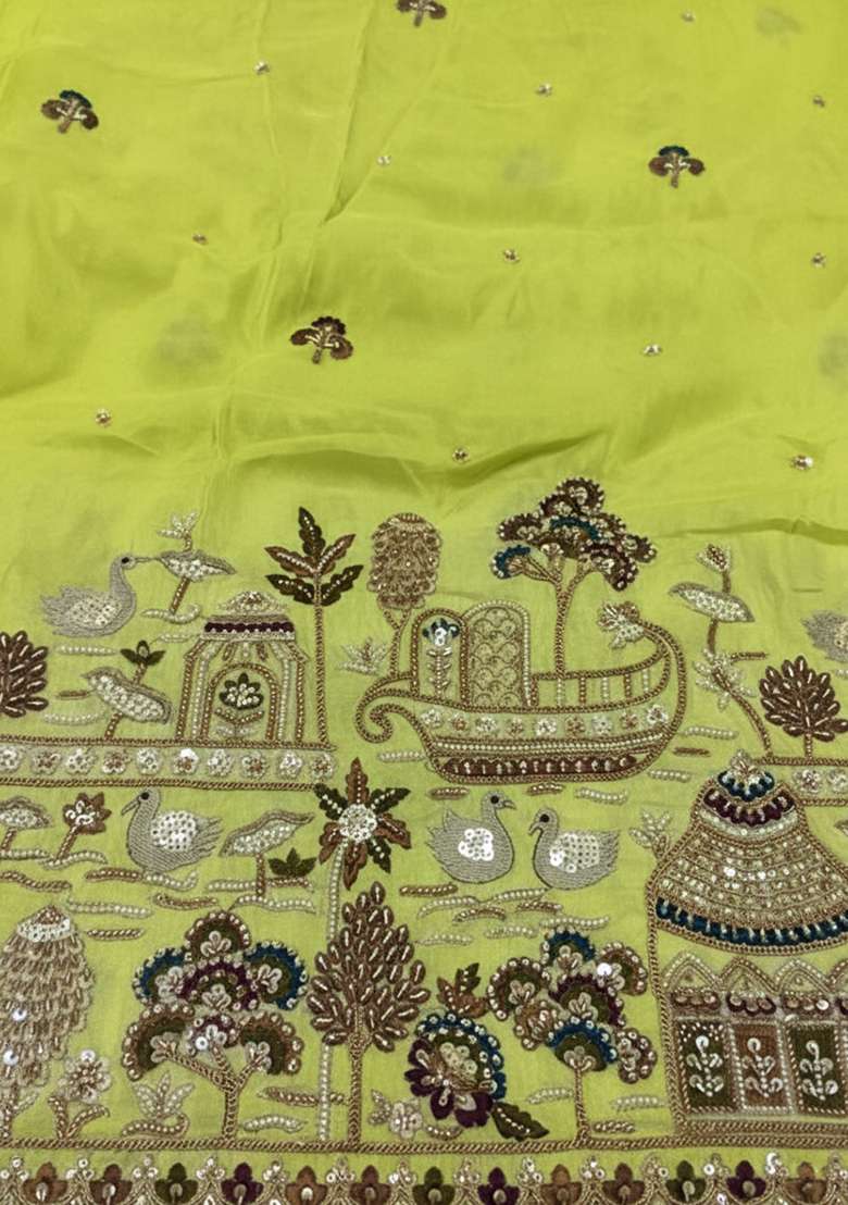Lime Green Embroidered Tissue Fusion Set - Indya