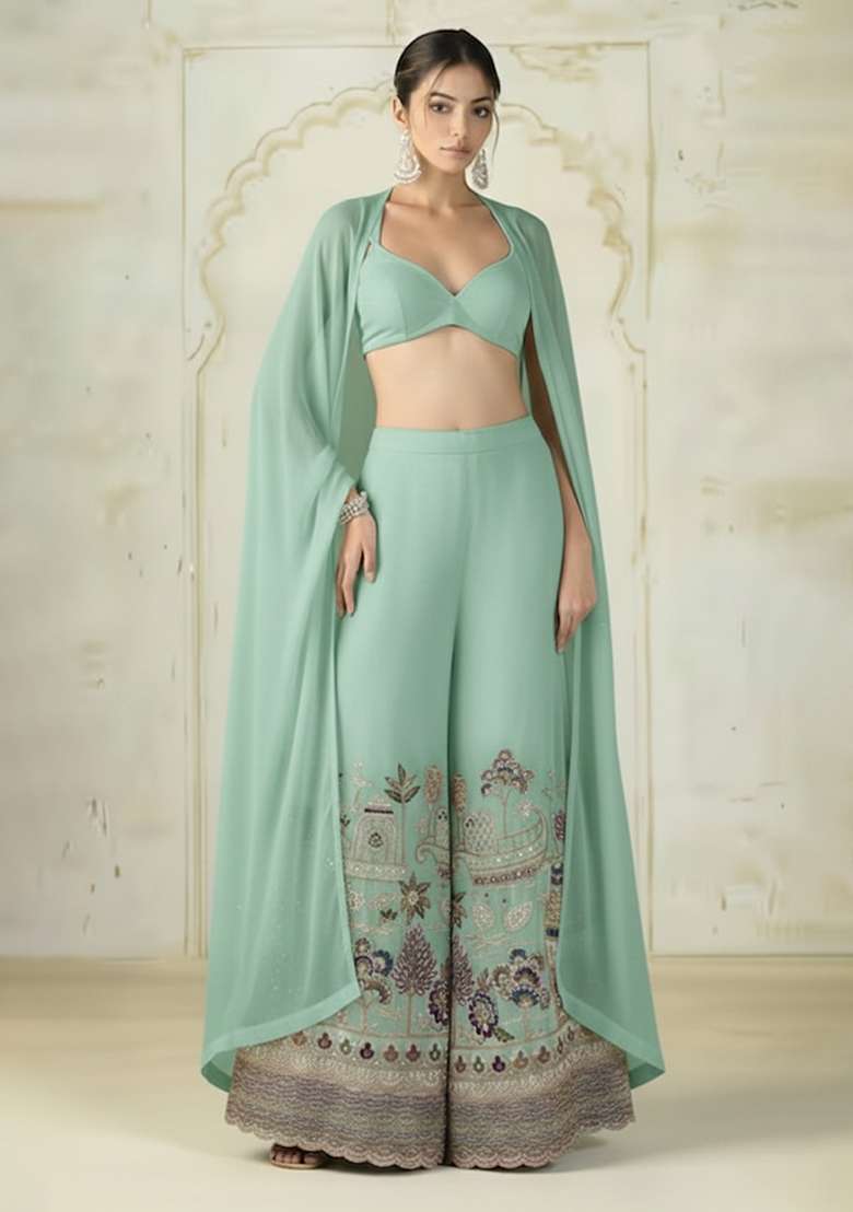 Mint Green Embroidered Tissue Fusion Set - Indya