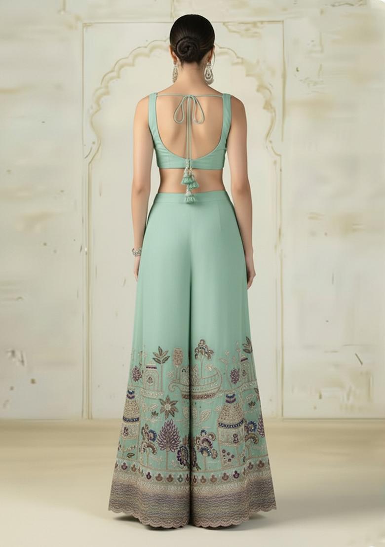 Mint Green Embroidered Tissue Fusion Set - Indya