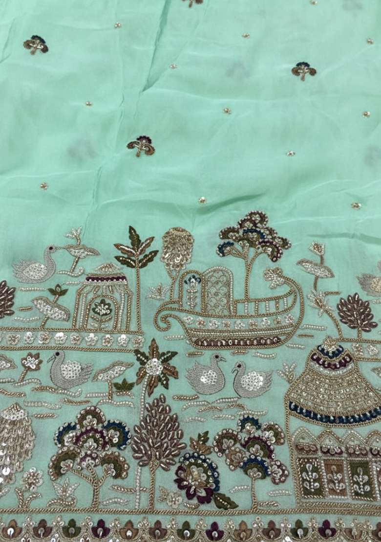 Mint Green Embroidered Tissue Fusion Set - Indya