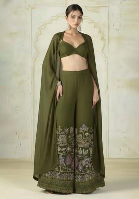 Olive Green Embroidered Tissue Fusion Set