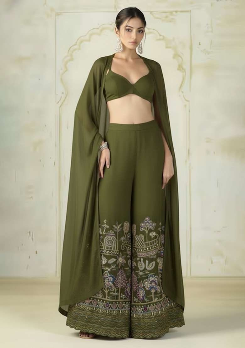 Olive Green Embroidered Tissue Fusion Set - Indya